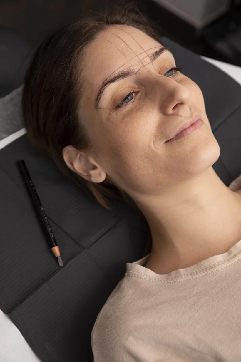 Fotografía de una mujer tumbada en una camilla con líneas pintadas en su frente