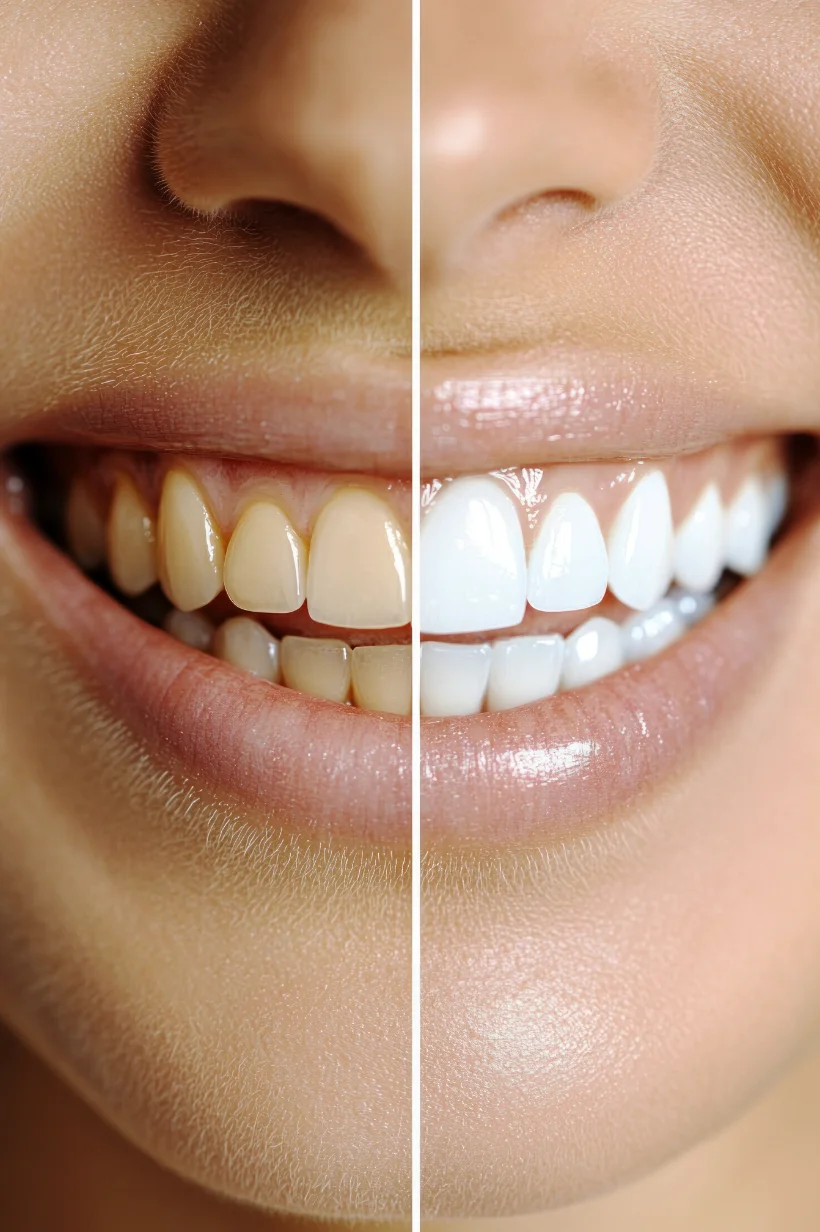 Fotografía comparativa del rostro y dentadura de una mujer antes y después de aplicar tratamiento de blanqueamiento dental